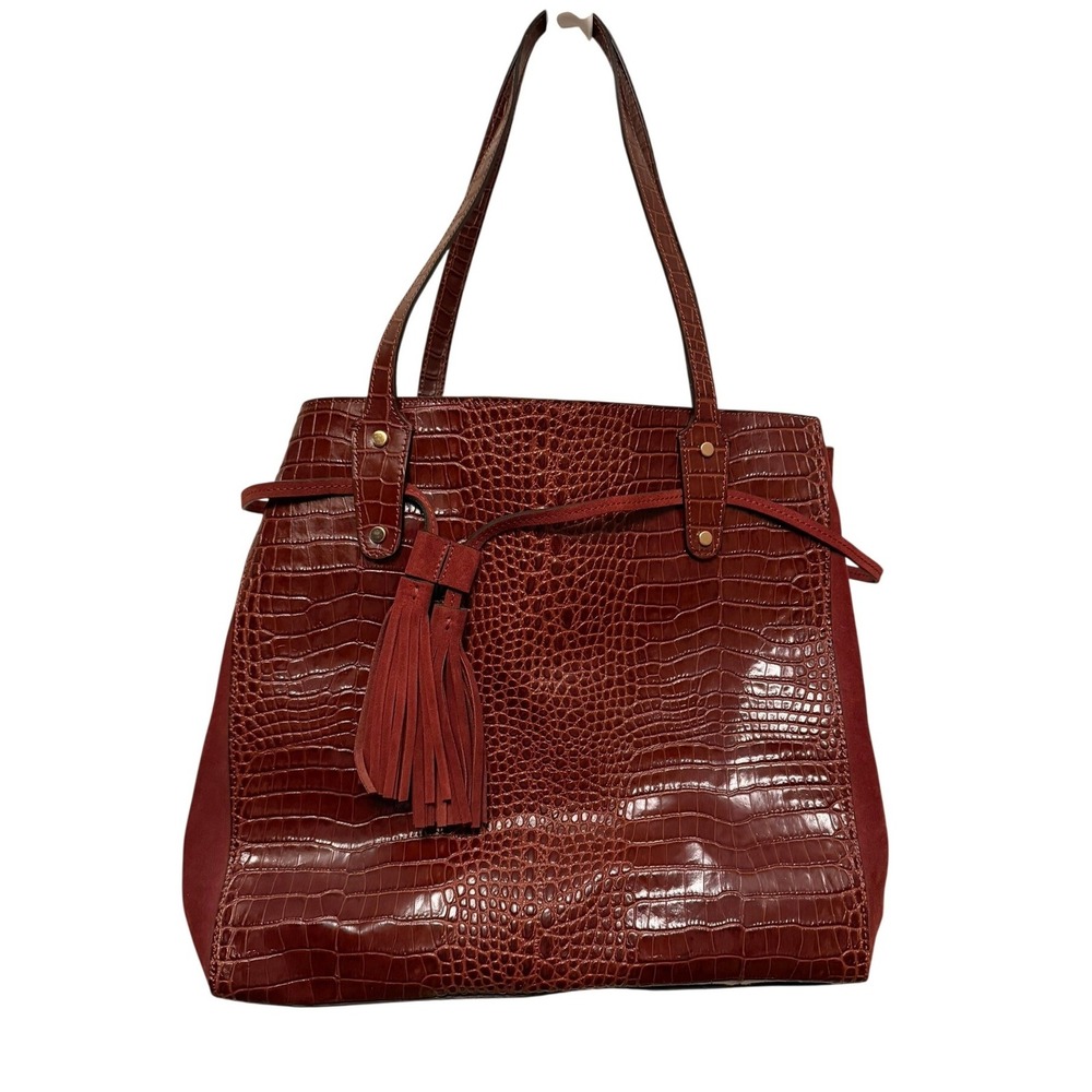 J. McLaughlin Crocodile Embossed Leather and Suede with Tassel Tote in Brick